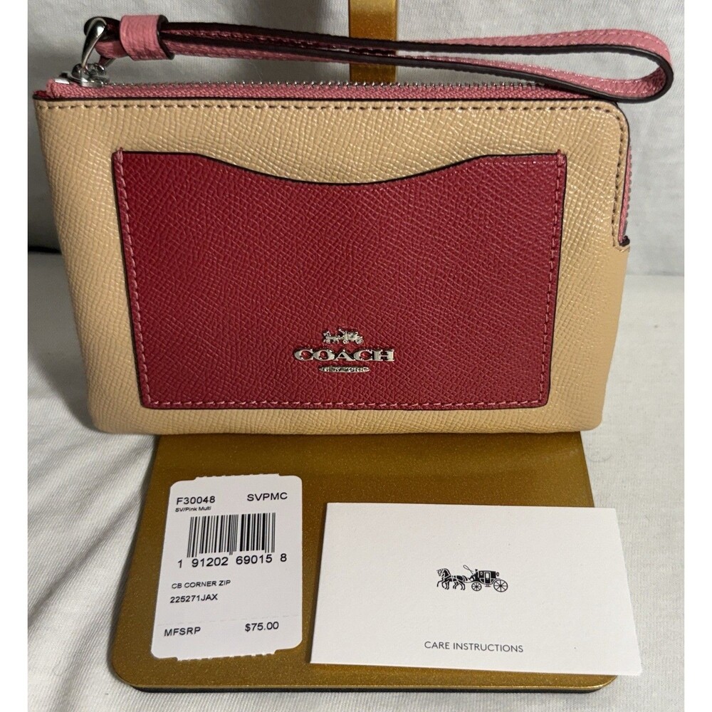 NEW NWT Coach Corner Leather Zip Wristlet #30048  Pink & Tan Womens Card Case